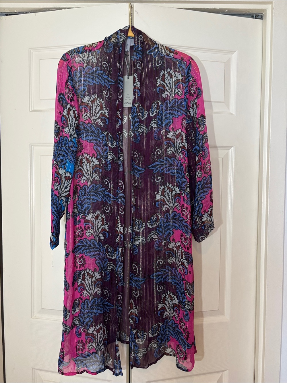 Blank London Sheer Eclectic Floral Paisley Kimono in Pink & Blue OS NWT